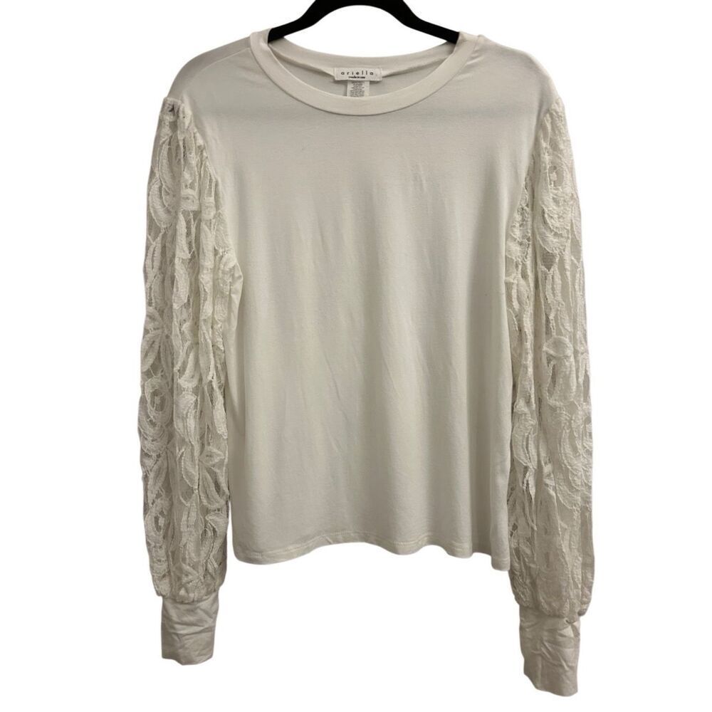 Ariella Floral Lace Sleeve Jersey Knit Top size L romantic casual work coquette